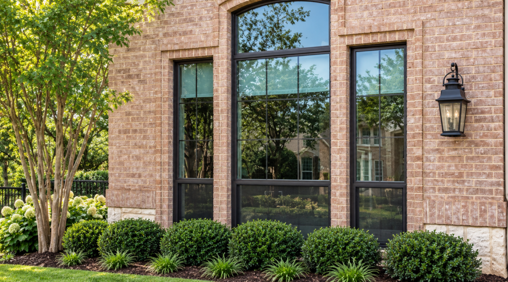 Large arched dark-framed window with matching side windows on a tan brick wall.